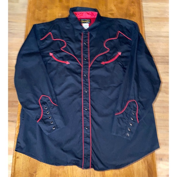 Wrangler 1947 Authentic Western Wear Black Red Pearl Snap Long Sleeve Shirt XXL